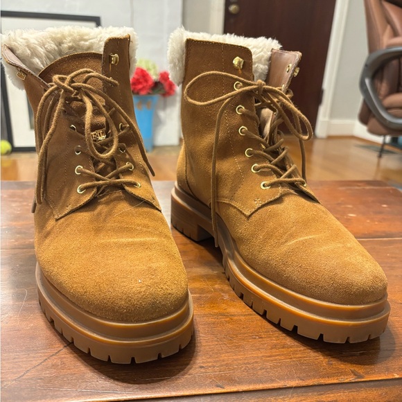 Ralph Lauren Carlee Suede Shearling Lace-Up Booties | Camel Brown Faux Fur | 10 - Picture 1 of 9